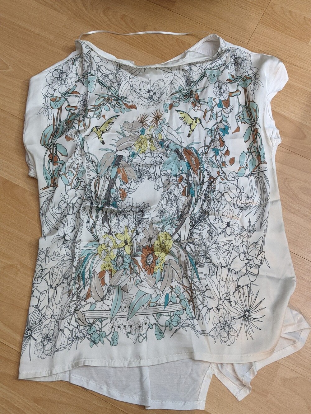 Floral Bird Print White Silk & Cotton XL